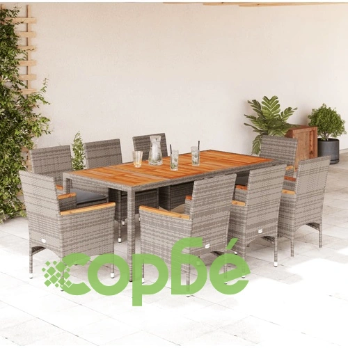 Външен комплект с възглавници 9 части сив полиратан акация ➤ топ цена ➤ sorbe.bg