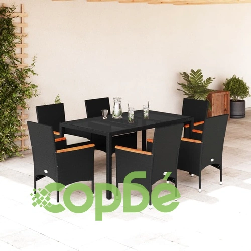 Градински комплект 7 части с възглавници черен полиратан/стъкло ➤ топ цена ➤ sorbe.bg