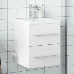 Шкаф за мивка за баня с вградена мивка, бял