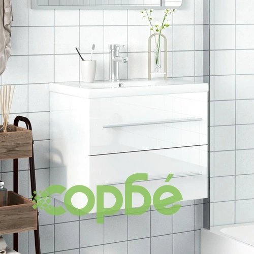 Шкаф за мивка за баня с вградена мивка, бял гланц ➤ топ цена ➤ sorbe.bg