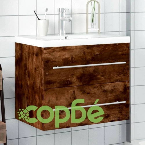 Шкаф за мивка за баня с вградена мивка, опушен дъб ➤ топ цена ➤ sorbe.bg