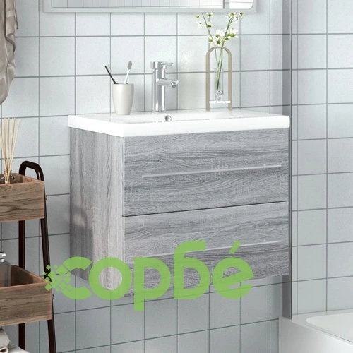 Шкаф за мивка за баня с вградена мивка, сив сонома ➤ топ цена ➤ sorbe.bg