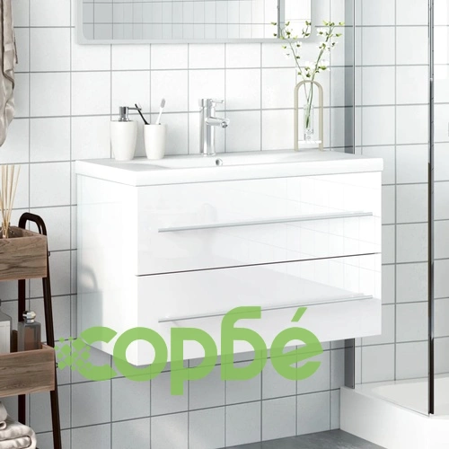 Шкаф за мивка за баня с вградена мивка, бял гланц ➤ топ цена ➤ sorbe.bg