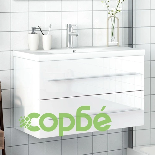 Шкаф за мивка за баня с вградена мивка, бял гланц ➤ топ цена ➤ sorbe.bg