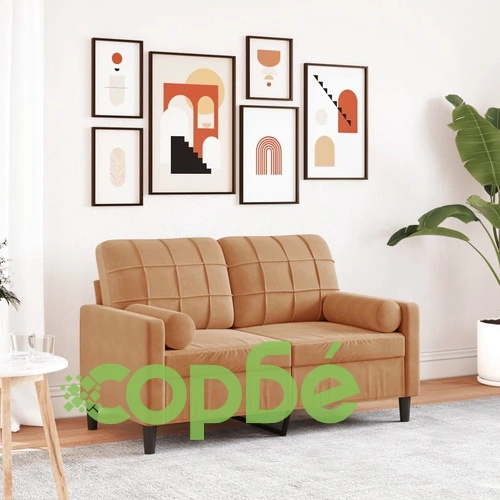 2-местен диван с декоративни възглавници кафяв 120 см кадифе ➤ топ цена ➤ sorbe.bg