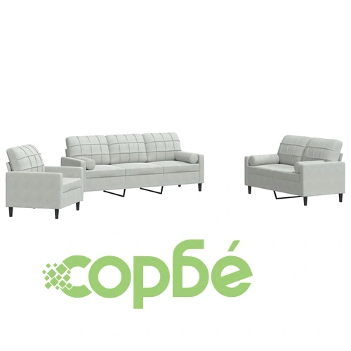 Мека мебел от 3 части с възглавници и болстери светлосив кадифе ➤ топ цена ➤ sorbe.bg