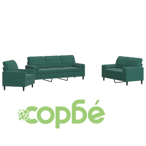 Мека мебел от 3части с възглавници и болстери тъмнозелен кадифе ➤ топ цена ➤ sorbe.bg