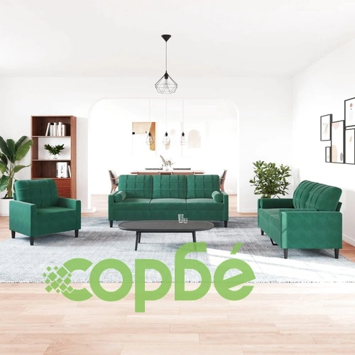 Мека мебел от 3части с възглавници и болстери тъмнозелен кадифе ➤ топ цена ➤ sorbe.bg
