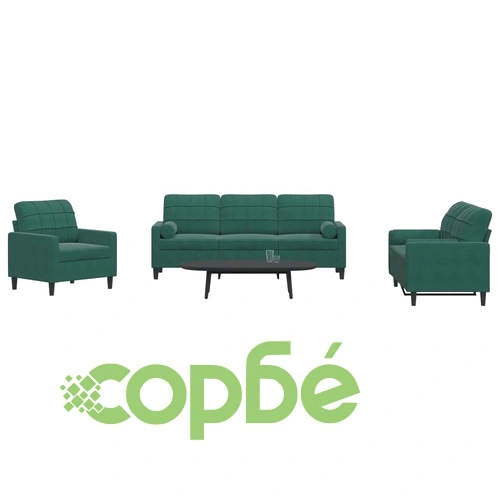 Мека мебел от 3части с възглавници и болстери тъмнозелен кадифе ➤ топ цена ➤ sorbe.bg