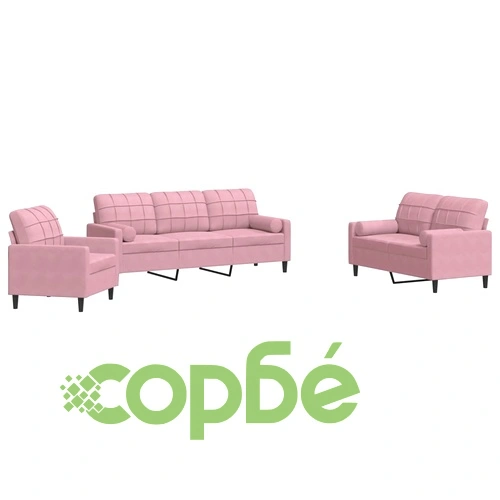 Мека мебел от 3 части с възглавници и болстери розов, кадифе ➤ топ цена ➤ sorbe.bg