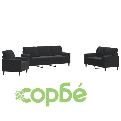 Мека мебел от 3 части с възглавници и болстери черен, кадифе ➤ топ цена ➤ sorbe.bg