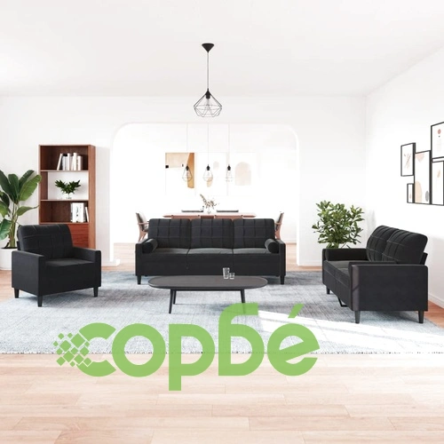 Мека мебел от 3 части с възглавници и болстери черен, кадифе ➤ топ цена ➤ sorbe.bg