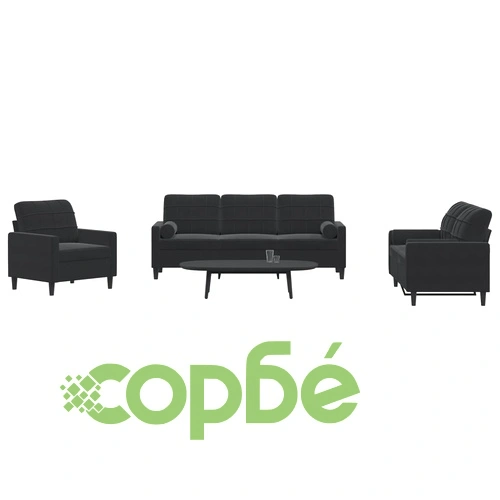 Мека мебел от 3 части с възглавници и болстери черен, кадифе ➤ топ цена ➤ sorbe.bg