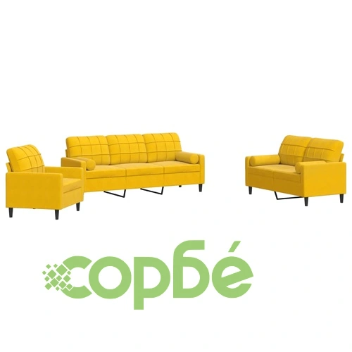 Мека мебел от 3 части с възглавници и болстери жълт, кадифе ➤ топ цена ➤ sorbe.bg