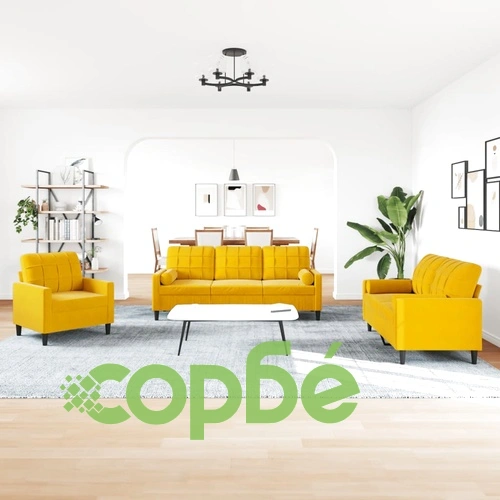 Мека мебел от 3 части с възглавници и болстери жълт, кадифе ➤ топ цена ➤ sorbe.bg