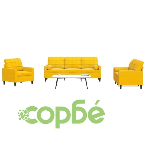 Мека мебел от 3 части с възглавници и болстери жълт, кадифе ➤ топ цена ➤ sorbe.bg