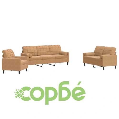 Мека мебел от 3 части с възглавници и болстери кафяв, кадифе ➤ топ цена ➤ sorbe.bg