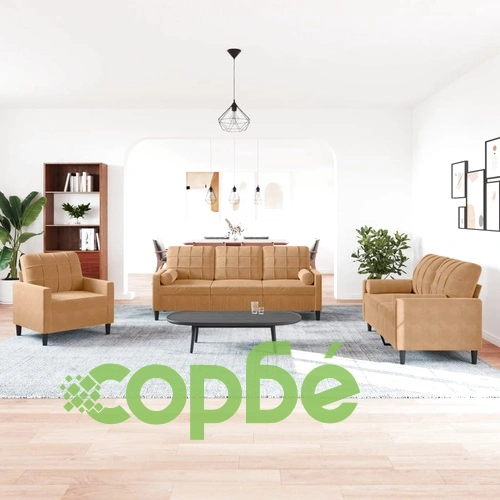 Мека мебел от 3 части с възглавници и болстери кафяв, кадифе ➤ топ цена ➤ sorbe.bg