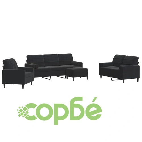 Мека мебел от 4 части с възглавници и болстери черен кадифе ➤ топ цена ➤ sorbe.bg