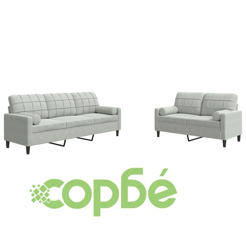 Мека мебел от 2 части с възглавници и болстери светлосив кадифе ➤ топ цена ➤ sorbe.bg