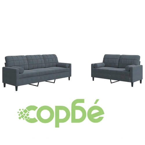 Мека мебел от 2 части с възглавници и болстери тъмносив кадифе ➤ топ цена ➤ sorbe.bg