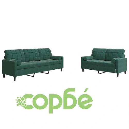Мека мебел от 2части с възглавници и болстери тъмнозелен кадифе ➤ топ цена ➤ sorbe.bg