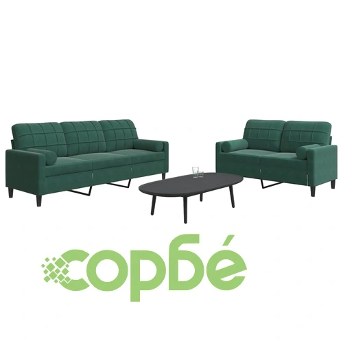 Мека мебел от 2части с възглавници и болстери тъмнозелен кадифе ➤ топ цена ➤ sorbe.bg