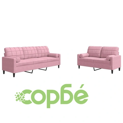 Мека мебел от 2 части с възглавници и болстери розов кадифе ➤ топ цена ➤ sorbe.bg