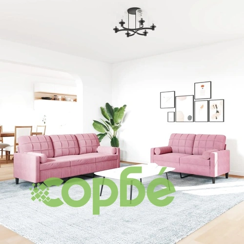 Мека мебел от 2 части с възглавници и болстери розов кадифе ➤ топ цена ➤ sorbe.bg