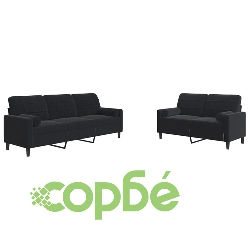 Мека мебел от 2 части с възглавници и болстери черен кадифе ➤ топ цена ➤ sorbe.bg