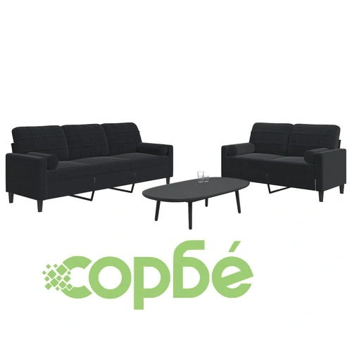 Мека мебел от 2 части с възглавници и болстери черен кадифе ➤ топ цена ➤ sorbe.bg