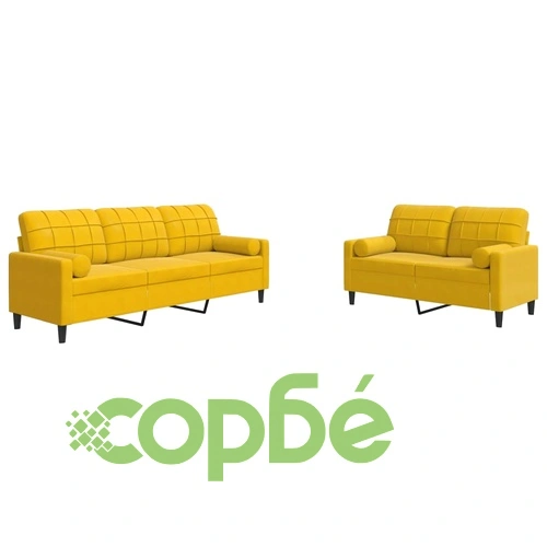 Мека мебел от 2 части с възглавници и болстери жълт кадифе ➤ топ цена ➤ sorbe.bg