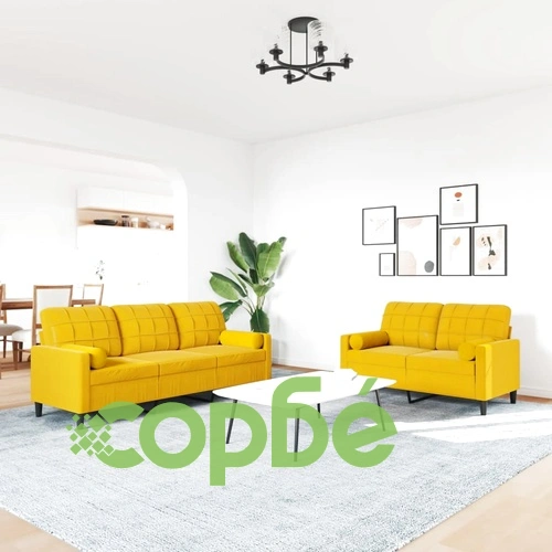 Мека мебел от 2 части с възглавници и болстери жълт кадифе ➤ топ цена ➤ sorbe.bg