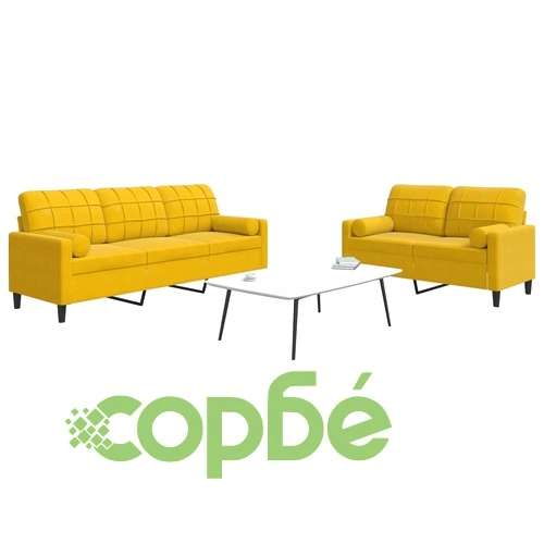 Мека мебел от 2 части с възглавници и болстери жълт кадифе ➤ топ цена ➤ sorbe.bg