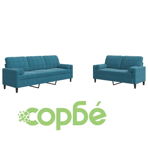 Мека мебел от 2 части с възглавници и болстери син кадифе ➤ топ цена ➤ sorbe.bg