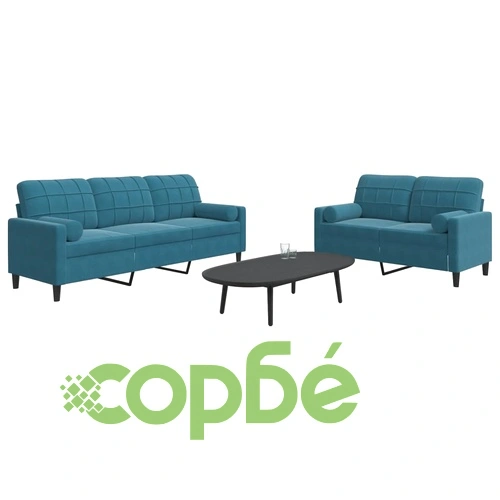 Мека мебел от 2 части с възглавници и болстери син кадифе ➤ топ цена ➤ sorbe.bg