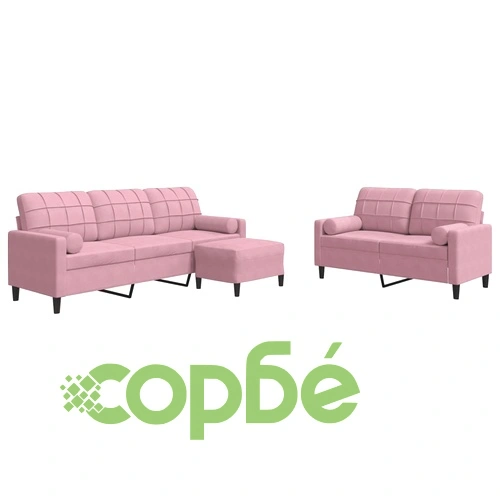 Мека мебел от 3 части с възглавници и болстери розов кадифе ➤ топ цена ➤ sorbe.bg