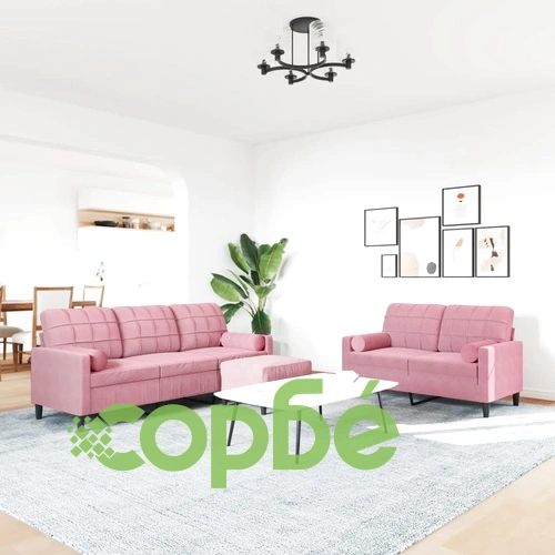 Мека мебел от 3 части с възглавници и болстери розов кадифе ➤ топ цена ➤ sorbe.bg