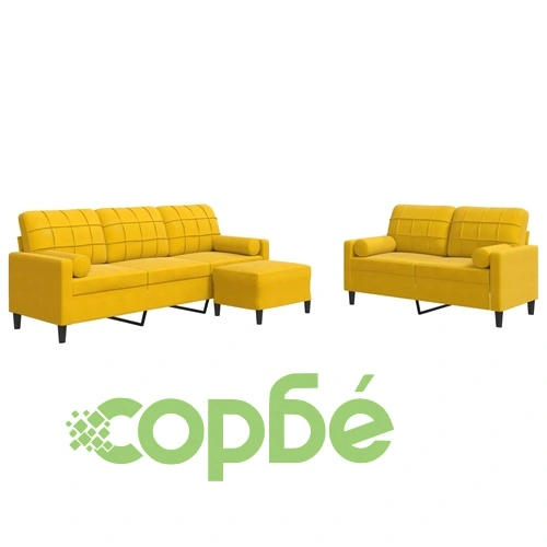 Мека мебел от 3 части с възглавници и болстери жълт кадифе ➤ топ цена ➤ sorbe.bg