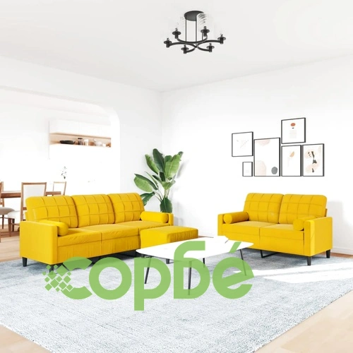Мека мебел от 3 части с възглавници и болстери жълт кадифе ➤ топ цена ➤ sorbe.bg
