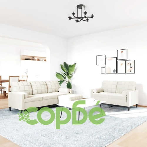 Мека мебел от 3 части с възглавници и болстери кремав кадифе ➤ топ цена ➤ sorbe.bg