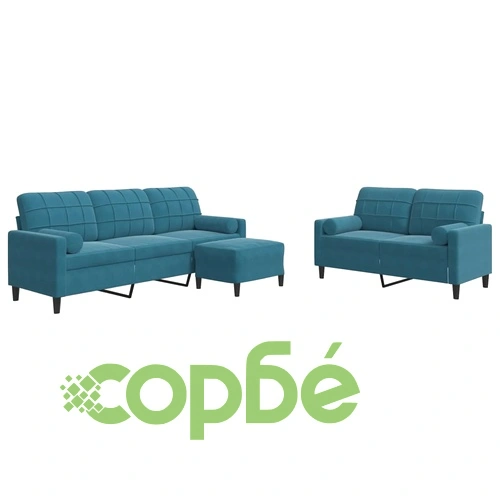 Мека мебел от 3 части с възглавници и болстери син кадифе ➤ топ цена ➤ sorbe.bg