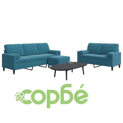 Мека мебел от 3 части с възглавници и болстери син кадифе ➤ топ цена ➤ sorbe.bg