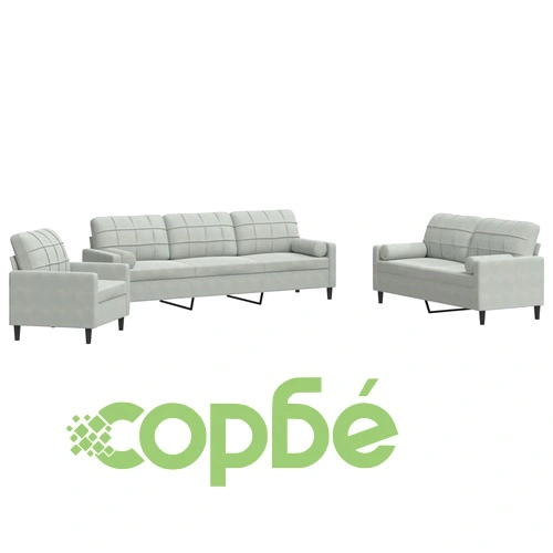 Мека мебел от 3 части с възглавници и болстери светлосив кадифе ➤ топ цена ➤ sorbe.bg