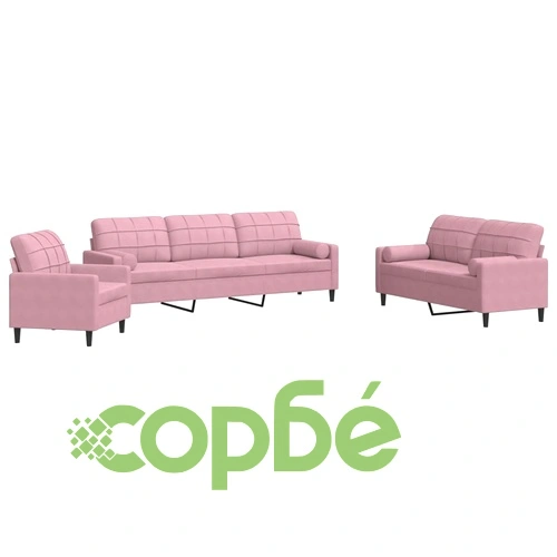 Мека мебел от 3 части с възглавници и болстери розов кадифе ➤ топ цена ➤ sorbe.bg