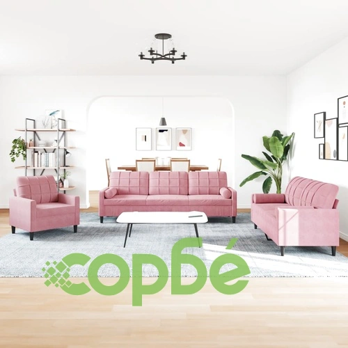 Мека мебел от 3 части с възглавници и болстери розов кадифе ➤ топ цена ➤ sorbe.bg