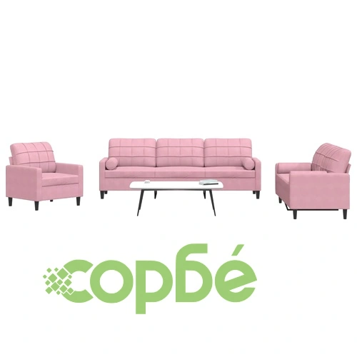 Мека мебел от 3 части с възглавници и болстери розов кадифе ➤ топ цена ➤ sorbe.bg