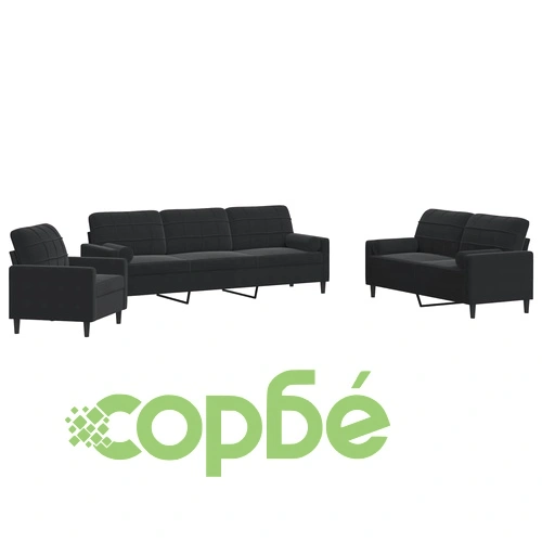 Мека мебел от 3 части с възглавници и болстери черен кадифе ➤ топ цена ➤ sorbe.bg