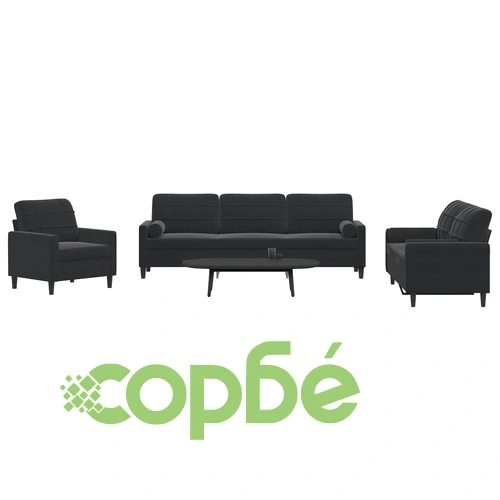 Мека мебел от 3 части с възглавници и болстери черен кадифе ➤ топ цена ➤ sorbe.bg