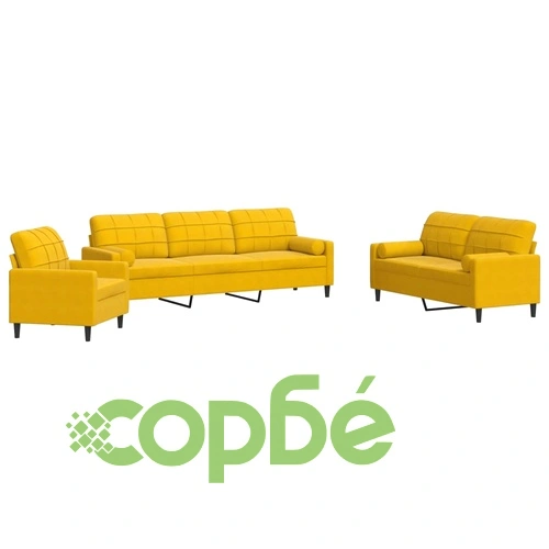Мека мебел от 3 части с възглавници и болстери жълт, кадифе ➤ топ цена ➤ sorbe.bg